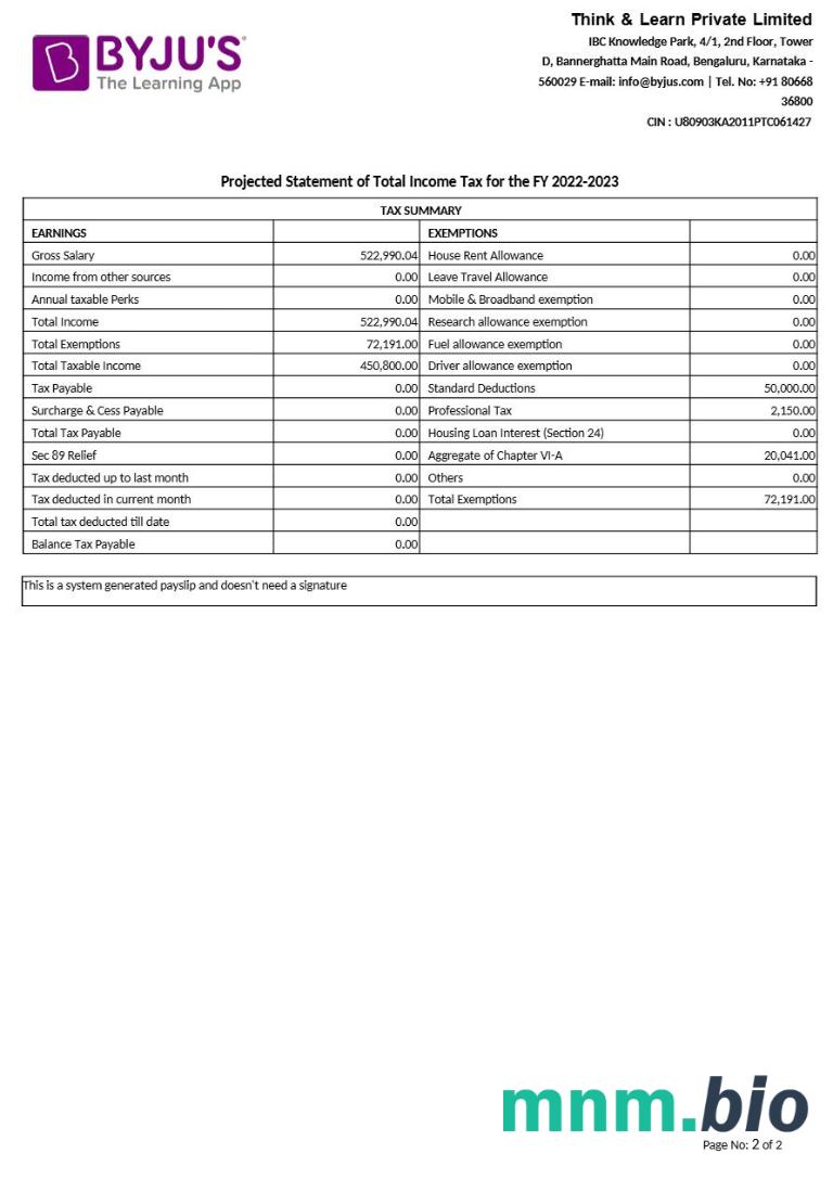 Byju-s learning app payslip template w formatach Word i PDF, 2